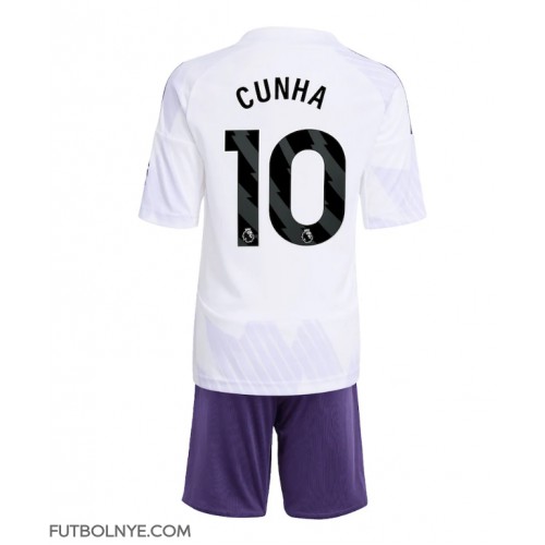 Camiseta Manchester United Matheus Cunha #10 Visitante Equipación para niños 2025-26 manga corta (+ pantalones cortos)